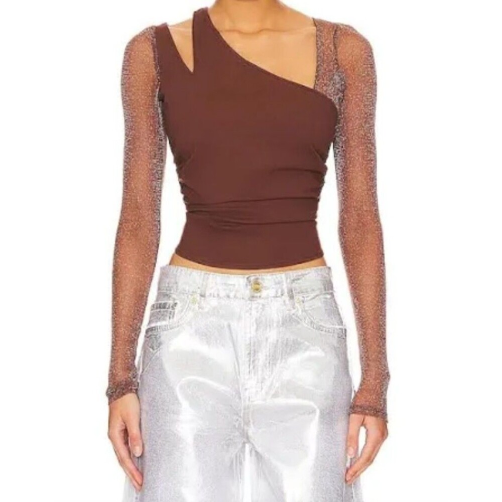 Free People Brown One-Shoulder Asymmetric Mesh Sleeve Top